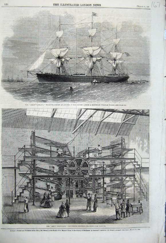 Original Old Antique Print 1860 Daily Telegraph Ing Machine Tasmania Ship 19th