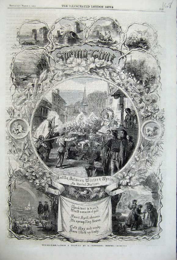 Original Old Antique Print 1860 Spring Time Sheep Street Poem Flowers Chickens