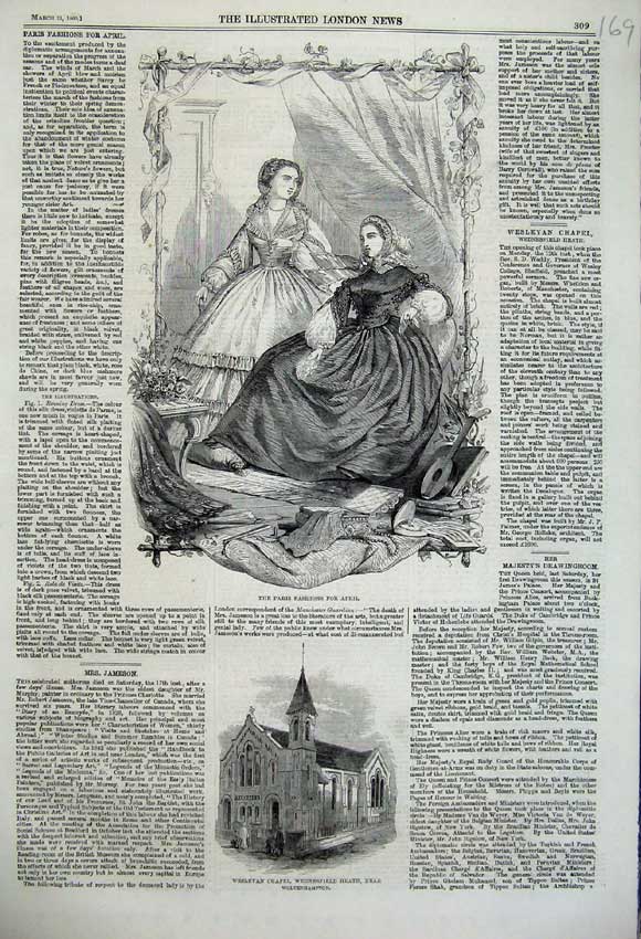 Original Old Antique Print 1860 Paris Fashion Wesleyan Chapel Wednesfield Heath