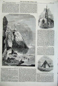 Old Antique Print 1860 Botallack Mine Cornwall Church King Richards Well 19th