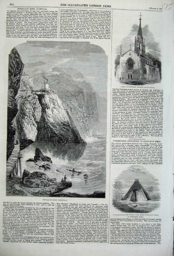 Old Antique Print 1860 Botallack Mine Cornwall Church King Richards Well 19th