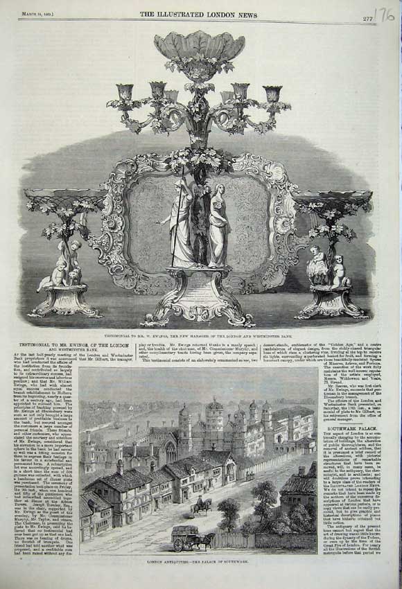 Old Antique Print 1860 Palace Shouthwark London Ewings Testimonial Bank 19th