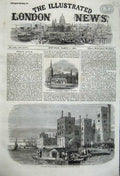 Old Antique Print 1860 High Tide Lambeth Boats Church Prahran Melbourne 19th