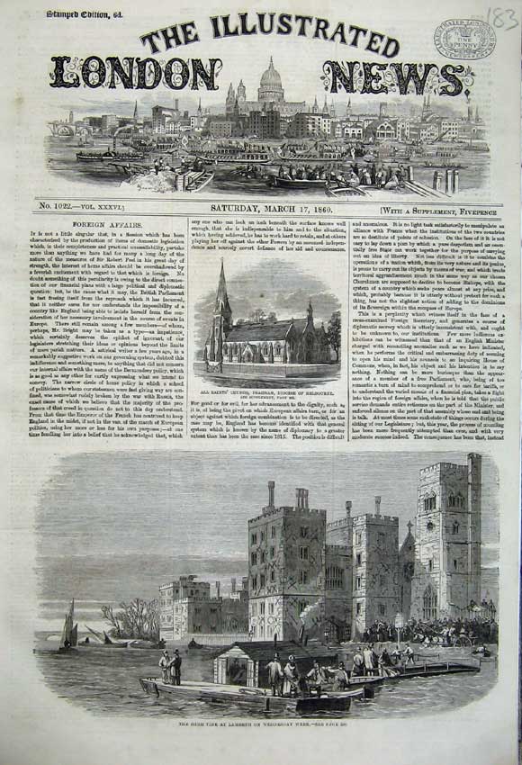 Old Antique Print 1860 High Tide Lambeth Boats Church Prahran Melbourne 19th