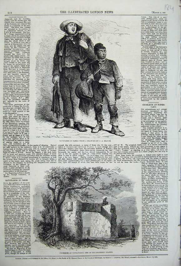 Old Antique Print 1860 Savoyards Paris Cromlech Tonga-Taboo Trees Island 19th