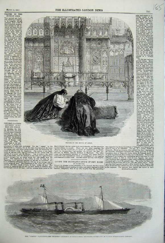 Original Old Antique Print Prayer House Lords 1860 Ulster Paddle Steamer Ship