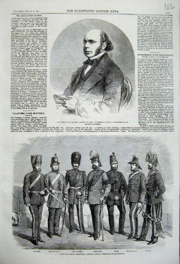Old Antique Print 1860 Alexander Russel Scotsman Volunteer Force Canada 19th