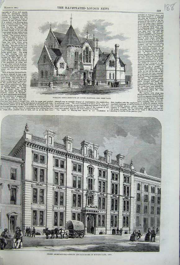 Old Antique Print 1860 Working Mens Institute Norwood Buildings Mincing 19th