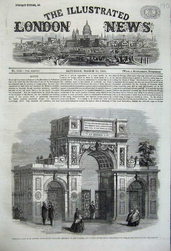 Original Old Antique Print Memorial Arch Brompton Barracks Chatham 1860 War