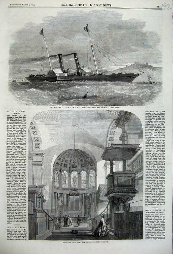 Original Old Antique Print 1860 Church George-In-The-East Mail Ship John Penn