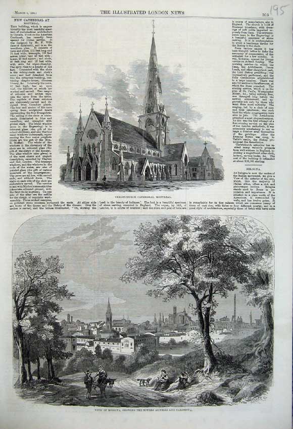 Old Antique Print Christchurch Cathedral Montreal Bologna Asinelli 1860 19th