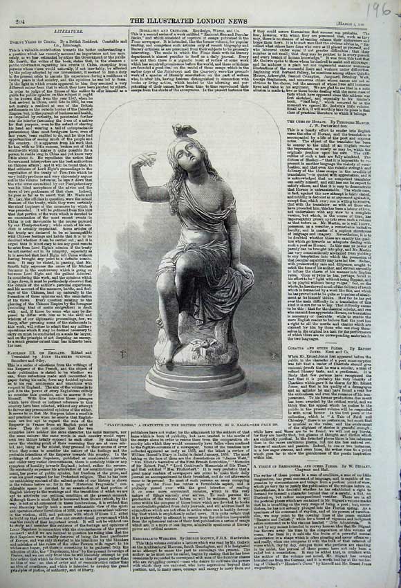Original Old Antique Print 1860 Playfulness Statuette British Institution Halse