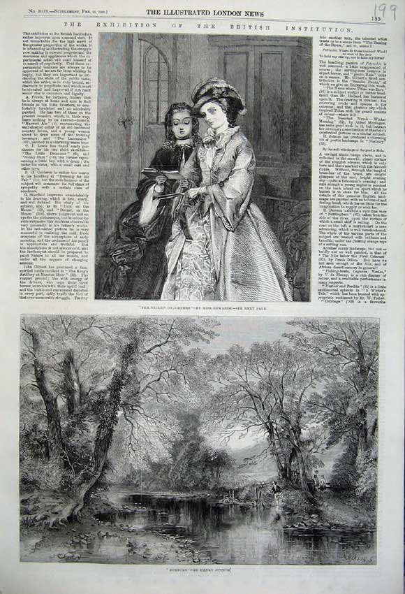 Old Antique Print 1860 Vicars Daughters View Norbury River Trees Country 19th