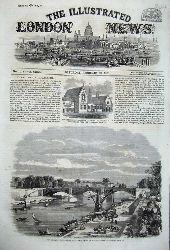 Old Antique Print 1860 Stephenson Institute Newcastle Bridge Seine Paris 19th