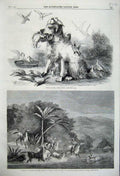 Old Antique Print 1860 Dog Birds Hunting Wild Horses America Stream Hills 19th