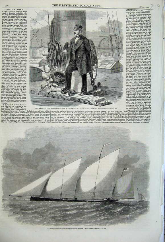 Original Old Antique Print 1860 Captain Harrison Lord Willoughby New Moon Yacht