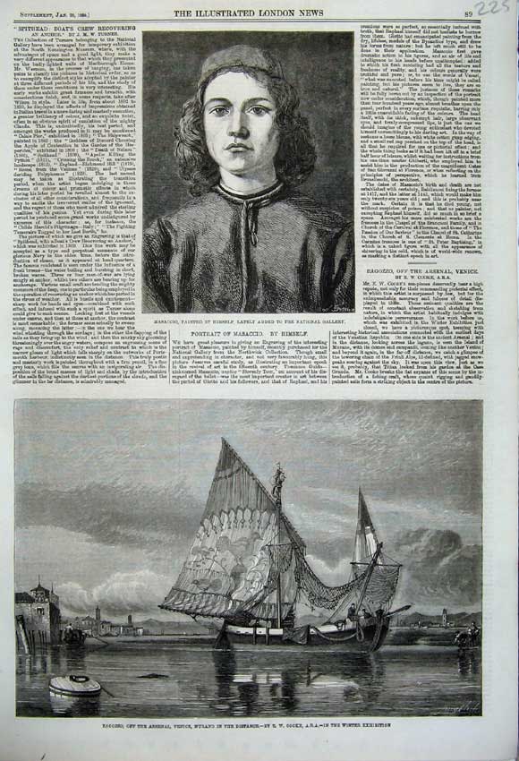 Original Old Antique Print 1860 Bagozzo Arsenal Venice Murano Ship Masaccio Art