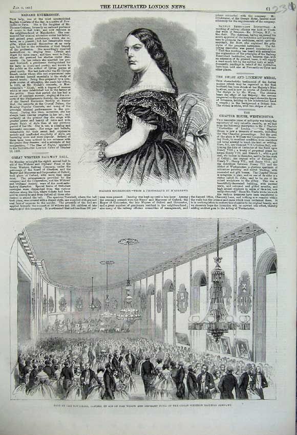 Original Old Antique Print 1860 Madame Enderssohn Ball Townhall Oxford Railway