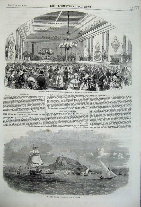 Old Antique Print 1860 Alicante Ships Ball Lancers Exeter Officers Army 19th