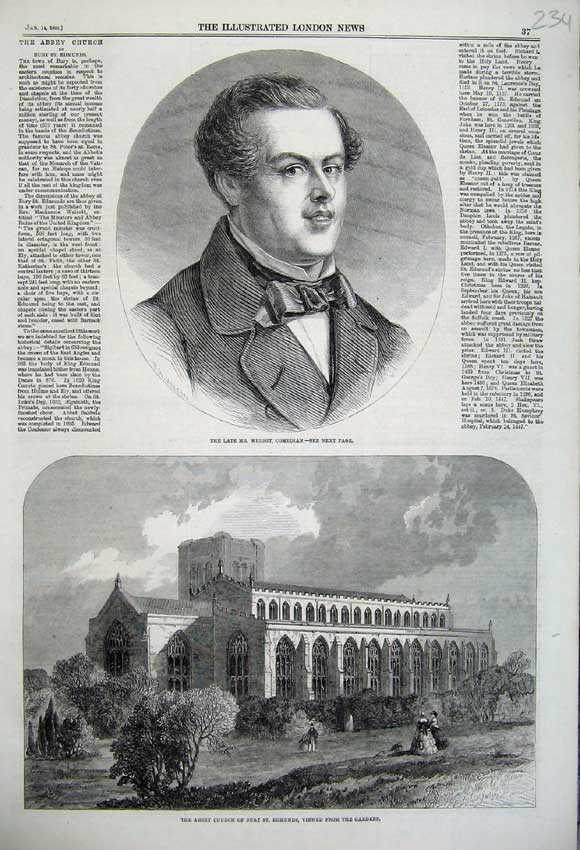 Old Antique Print Wright Comedian 1860 Abbey Church Bury Edmunds Gardens 19th