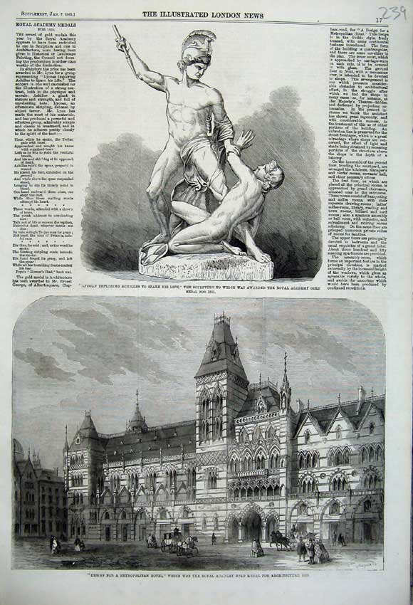 Old Antique Print 1860Architecture Design Hotel Sculpture Lycoan Achilles 19th