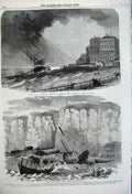 Original Old Antique Print 1860 Ship Wreck Atl Brighton Fishermen Filey Bay
