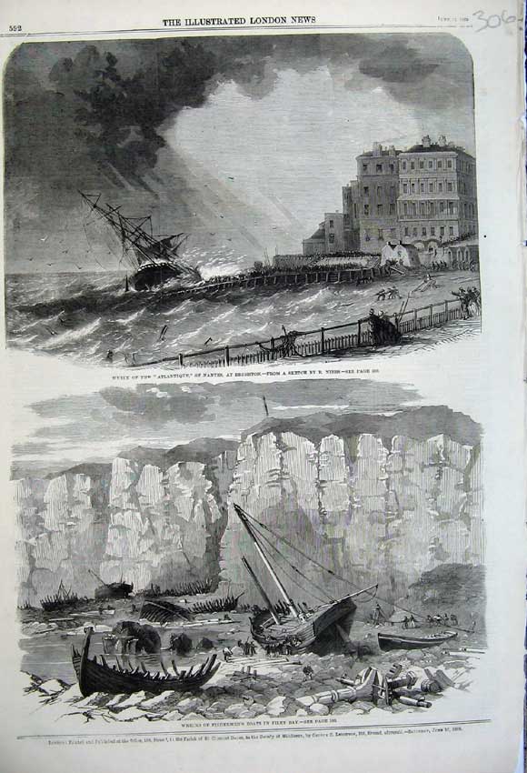 Original Old Antique Print 1860 Ship Wreck Atl Brighton Fishermen Filey Bay