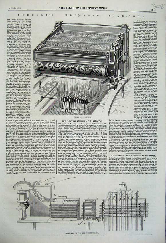 Original Old Antique Print 1860 Bonelli'S Electric Silk-Loom Working Machinery