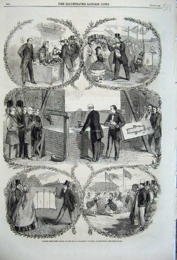 Old Antique Print 1860 Laying First Stone Royal Dramatic College Maybury 19th