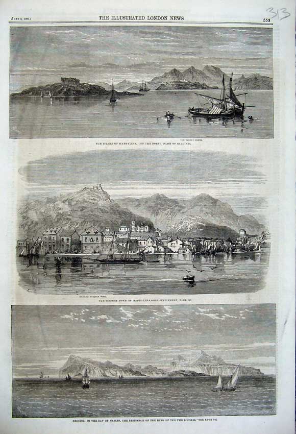 Old Antique Print 1860 Procida Bay Naples King Maddalena Sardinia Ships 19th