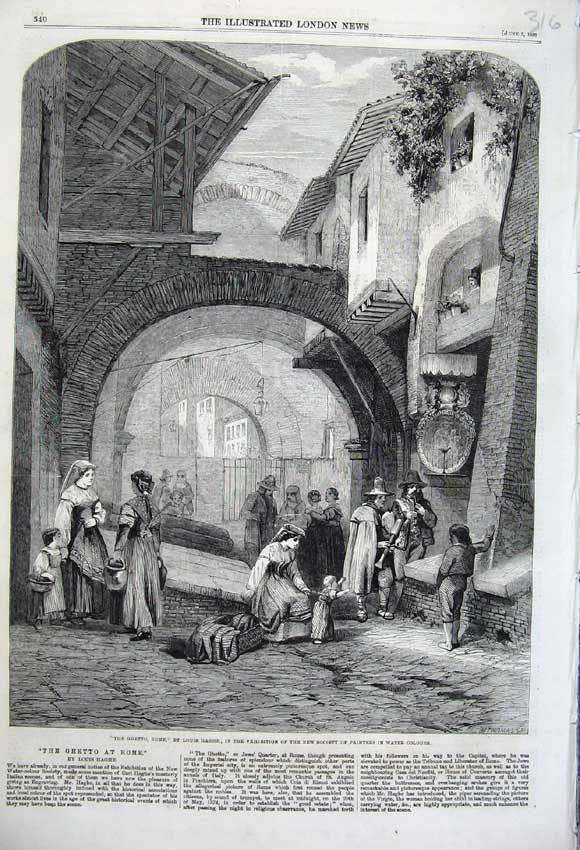 Original Old Antique Print 1860 Ghetto Rome People Street Archway Louis Haghe