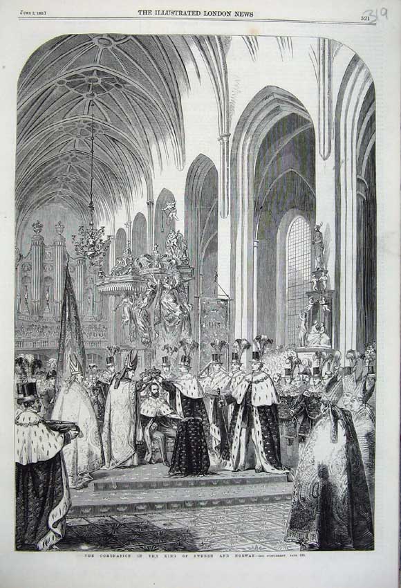 Old Antique Print 1860 Coronation King Sweden Norway Robes Crown Throne 19th