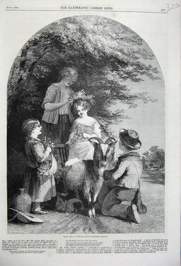 Original Old Antique Print 1860 May Children Flowers Trees Goat Herder Country