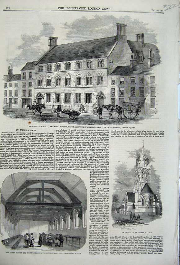 Old Antique Print 1860 Sunday School John Street Evangelist Church Oxford 19th