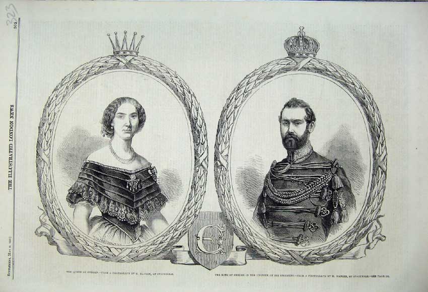 Old Antique Print 1860 Portrait Queen Sweden King Uniform Regiment Army 19th