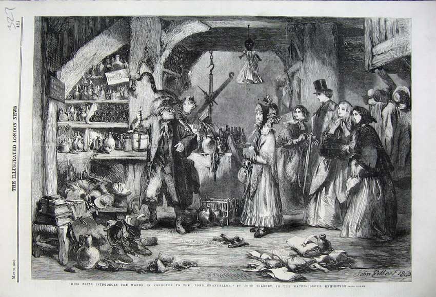 Old Antique Print 1860 Miss Flite Wards Jarndyce Lord Cahncellor Gilbert 19th