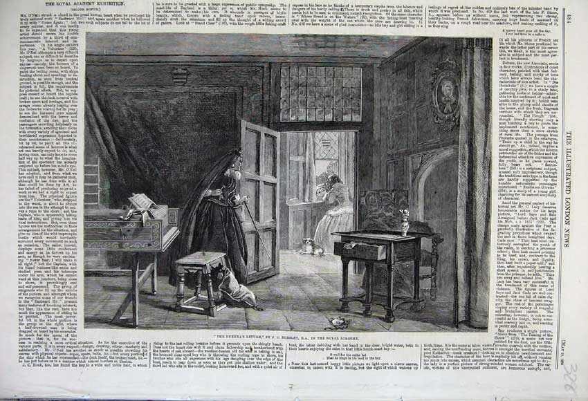 Original Old Antique Print 1860 Duenna'S Return Woman Window Horsley Academy