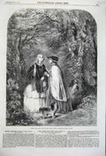 Original Old Antique Print 1860 Spring Cuckoo Women Woods Dog Trees Country