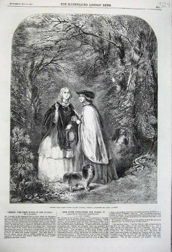 Original Old Antique Print 1860 Spring Cuckoo Women Woods Dog Trees Country