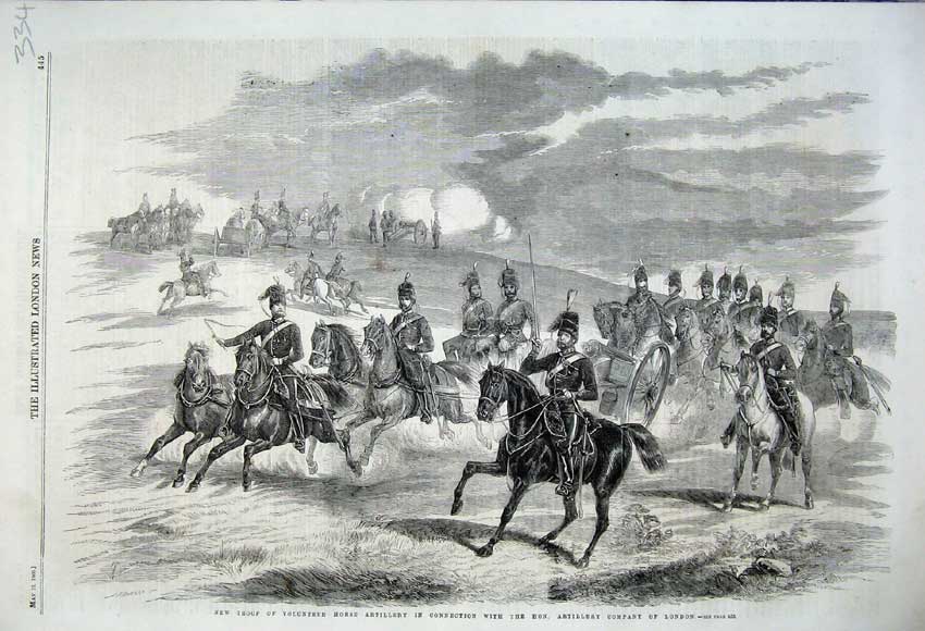 Original Old Antique Print 1860 Troop Volunteer Horse Artillery London Horses