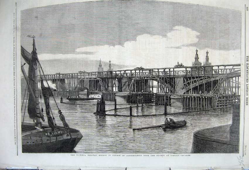 Old Antique Print 1860 Victoria Railway Bridge River Thames Pimlico Boats 19th