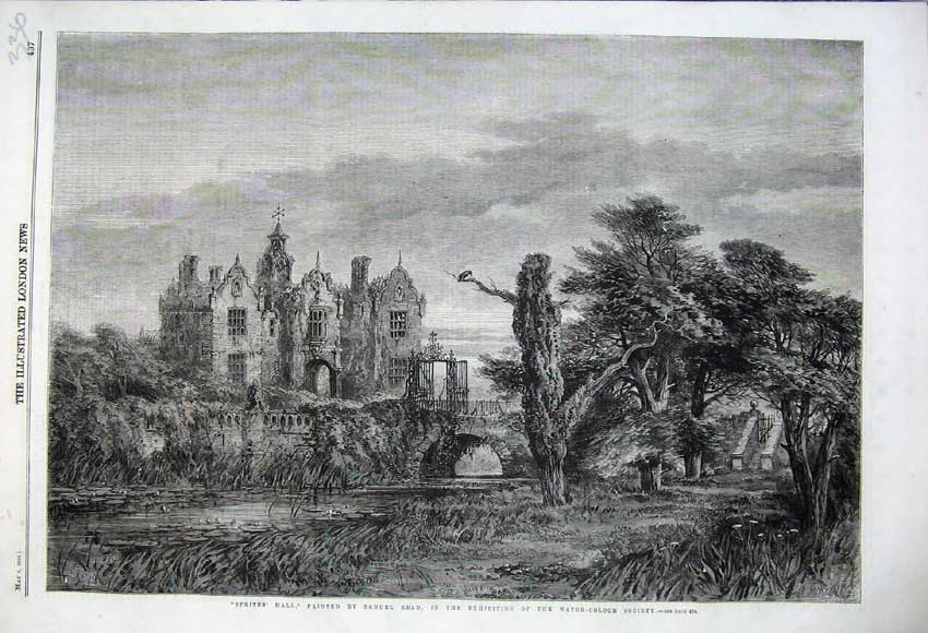 Old Antique Print 1860 Sprites Hall Building Ruins Trees Lake Samuel Read 19th