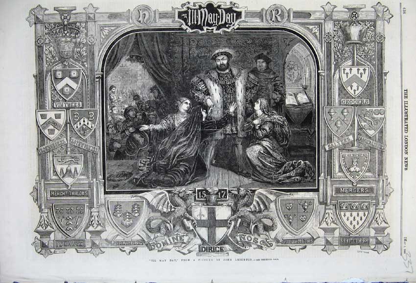 Original Old Antique Print 1860 Ill May Day King Robes Shopping John Leighton