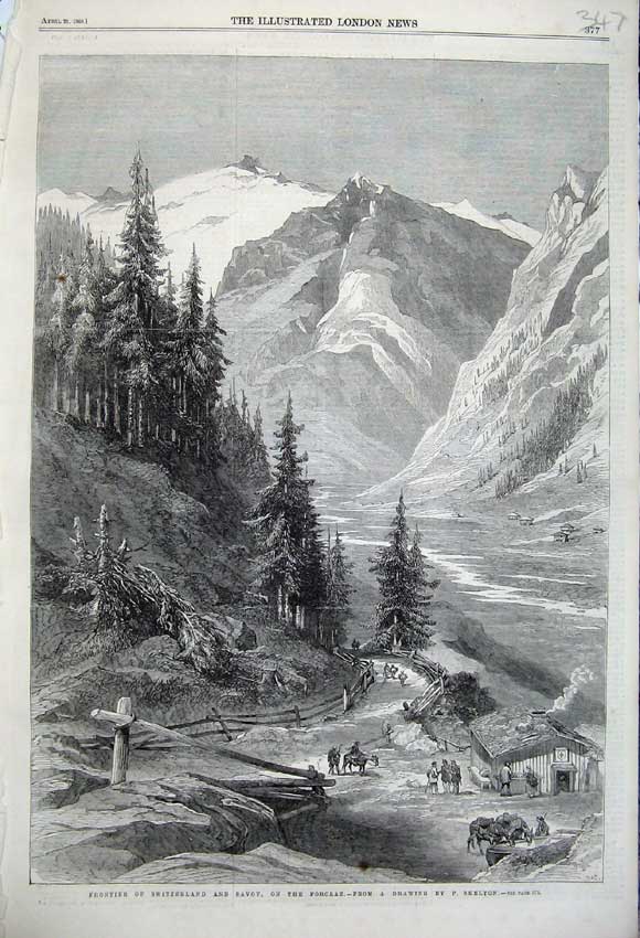 Old Antique Print 1860 Frontier Switzerland Savoy Forclaz Mountians Snow 19th