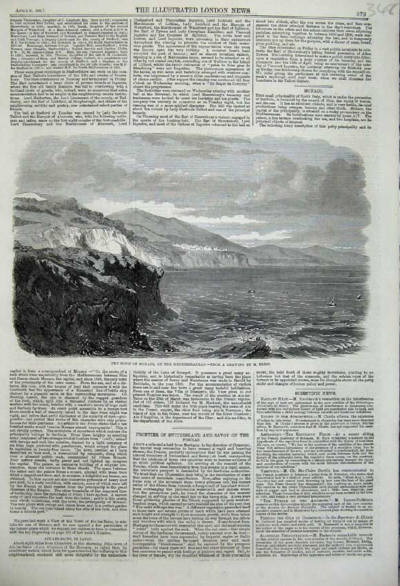 Original Old Antique Print 1860 View Town Monaco Mediterranean Coast Sea Hills