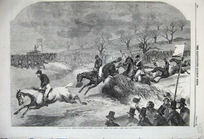 Original Old Antique Print 1860 Northampton Steeplchases Military GCup Horses