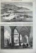 Original Old Antique Print Port Nice France 1860 Piazza Popolo Florence Tuscany