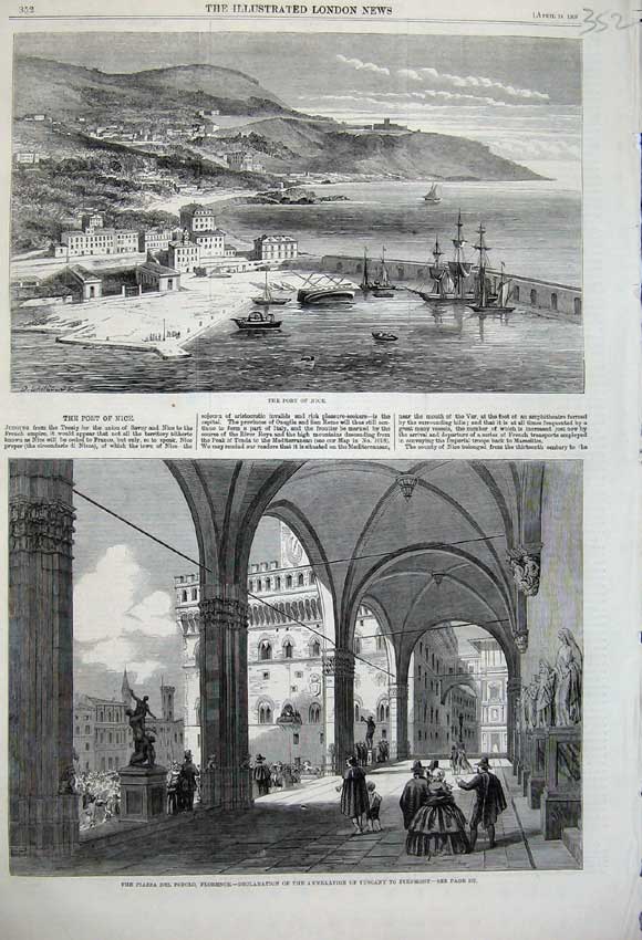 Original Old Antique Print Port Nice France 1860 Piazza Popolo Florence Tuscany