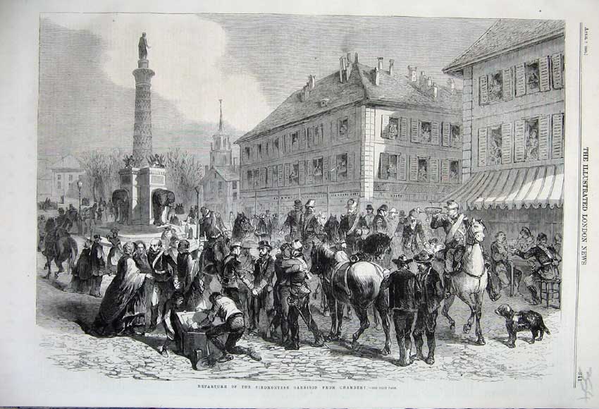 Original Old Antique Print 1860 Departure Piedmontese Garrison Chambery Horses