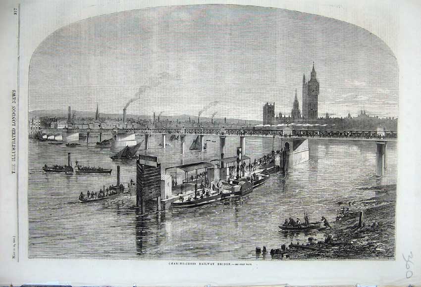 Original Old Antique Print 1860 View Charring Cross Railway Bridge Steam Boats